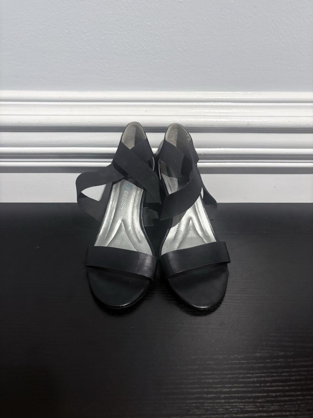 Andrew Geller Queena Women's Black 3" Cross Strap Open Toe High Heels, Size 7.5